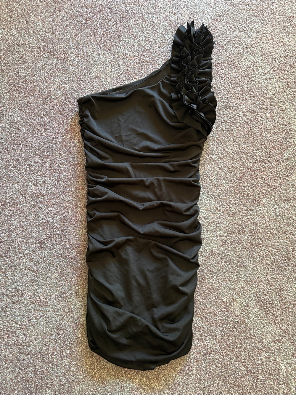 Costa Blanca Black One-Shoulder Ruffle Ruched Dress